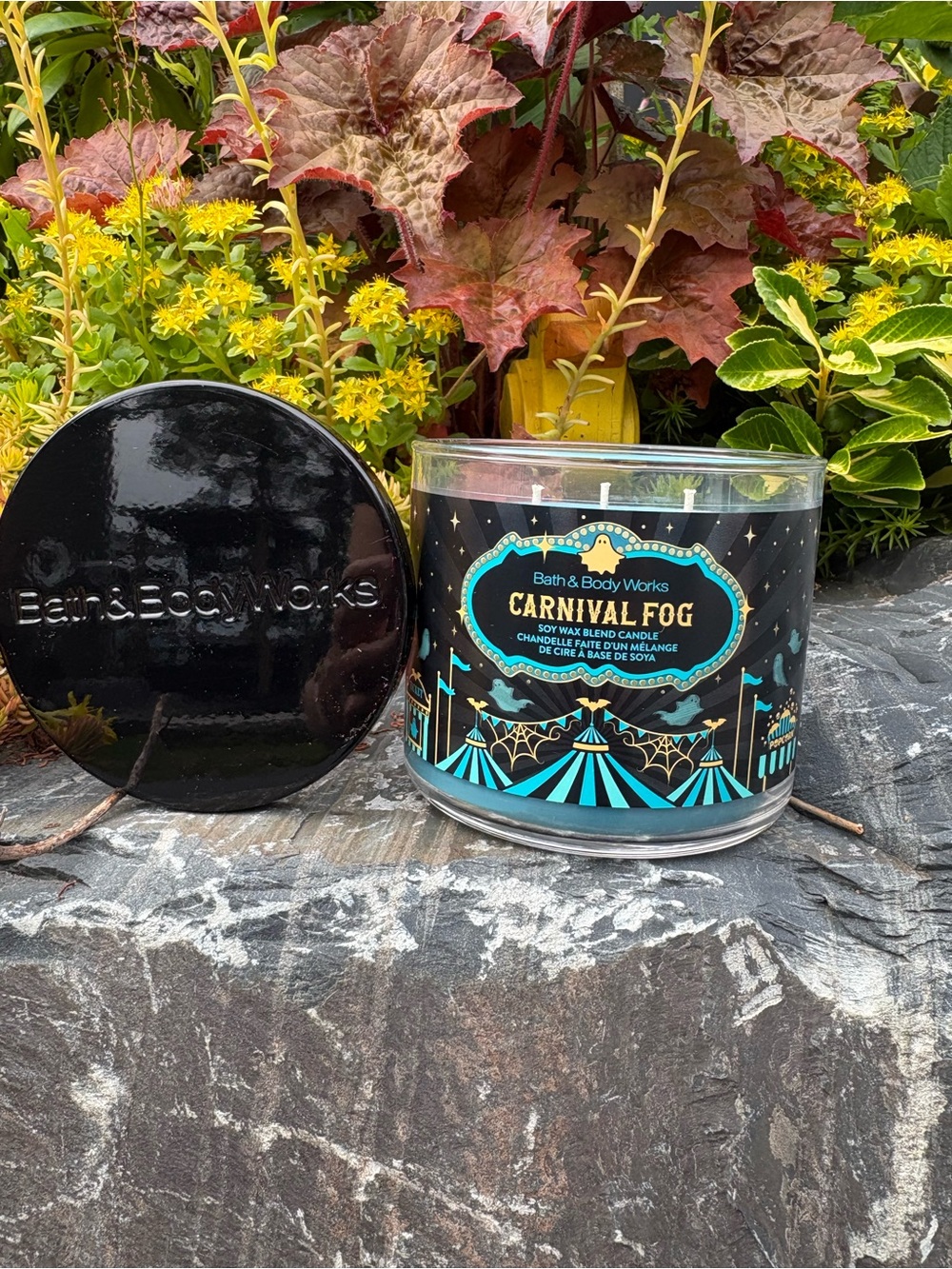 Bath & Body Works Carnival Fog 3-Wick Candle - Black & Teal with Gold Accents